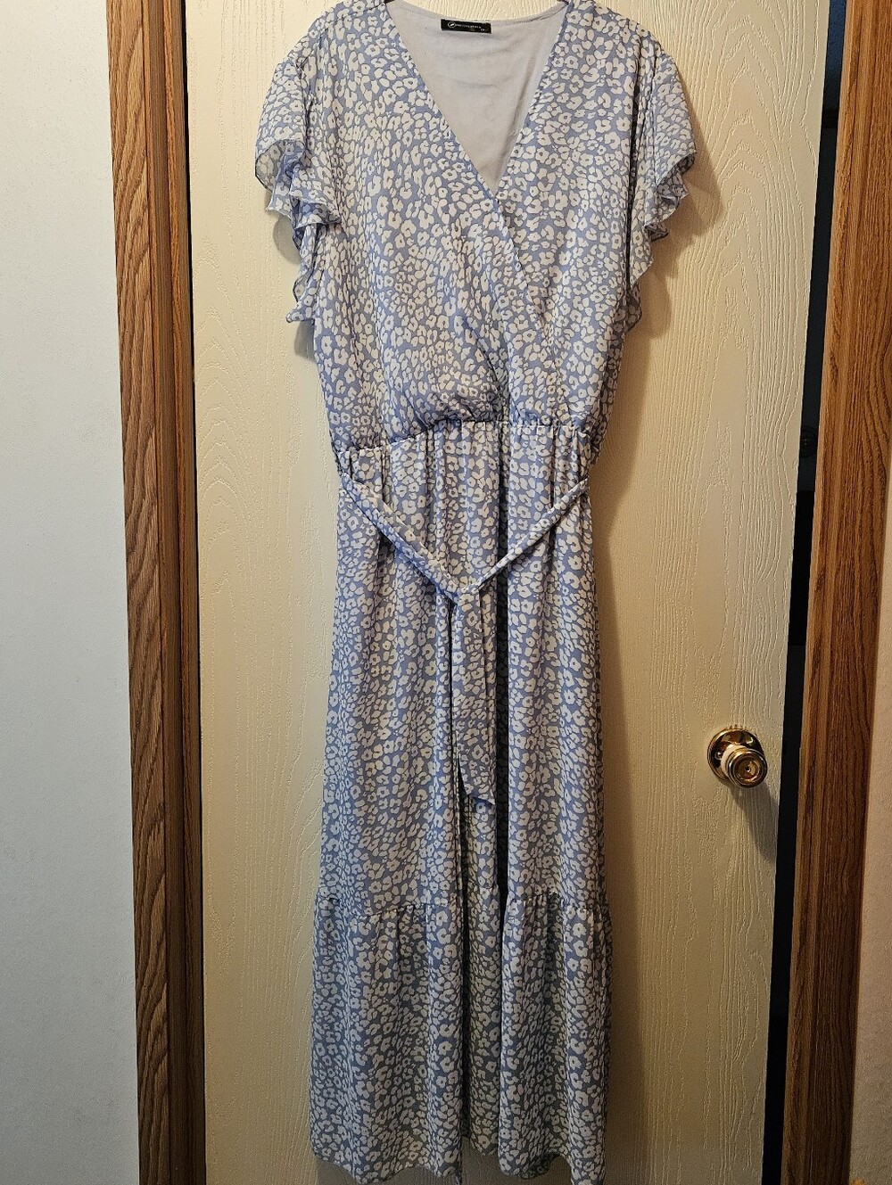 Prettygarden Light Blue & White Leopard Print Flowy Short Sleeve Dress, Size 2XL
